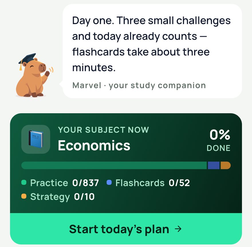 MarvelPrep home screen: Marvel the capybara says three small challenges make today count, above an Economics card showing practice, flashcards and strategy progress and a Start today's plan button