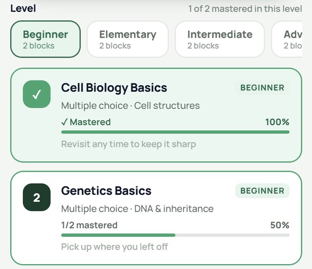 MarvelPrep app screen showing practice blocks: Cell Biology Basics mastered at 100 percent, Genetics Basics half done at 50 percent