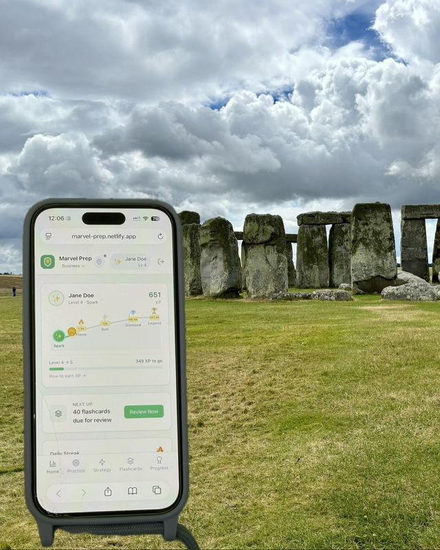 The MarvelPrep app open on a phone at Stonehenge